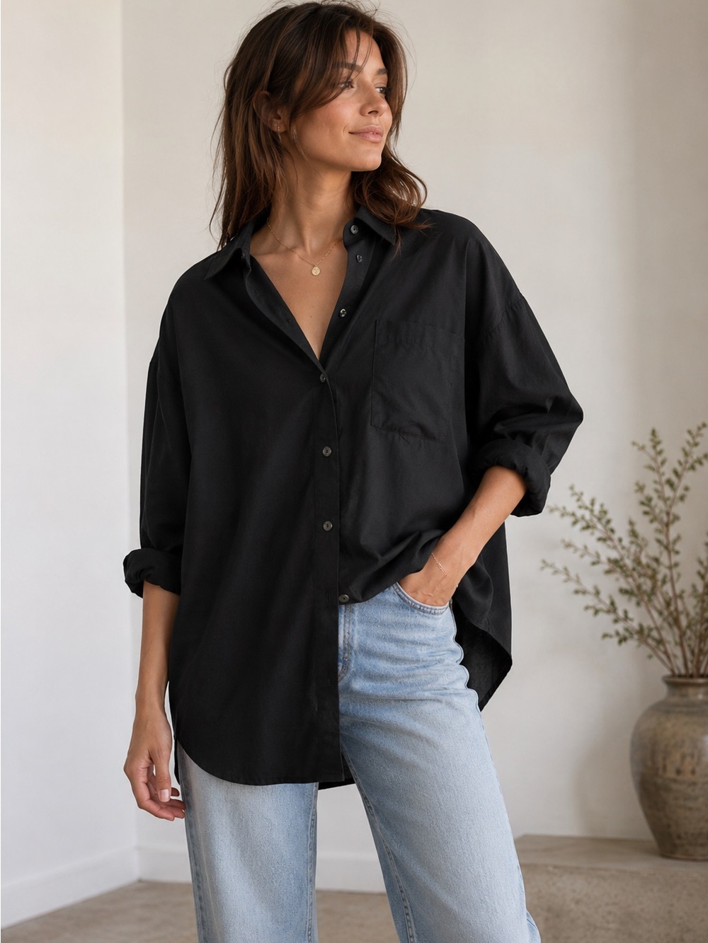 The Oh Kind Black Cotton Poplin Oversized Button Front Shirt Sz M Minimalist